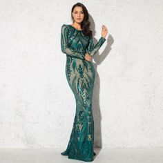 Beautiful O Neck Sequined Lace Long Dress · KoKo Fashion · Online Store Powered by Storenvy Fitted Green Sequin Evening Dress, Green Long Sleeve Gown With Sequins, Green Fitted Long Sleeve Evening Dress, Green Sequin Dress For Banquet, Green Long Sleeve Dress For Banquet, Long Sleeve Green Mermaid Dress For Prom, Glamorous Green Long Sleeve Gown, Green Midi Dress For Banquet, Green Long Sleeve Sequin Dress