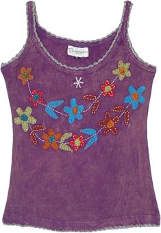 A stonewashed ribbed cotton purple tank top with hand-cut floral applique creating a vine - an artistic and harmonious tank top, piped borders with thick grey thread creating an outstanding overall look.  Treat yourself with this delightful 100% rib cotton tank top, handmade in the foothills of the Himalayas. #tlb #Sleeveless #Stonewash #Applique #vacationclothing #beachwrap #bohemianfashion #Handmade #bohotanktop #summerhippietanktop #ribbedcottontanktop Hippie Tank Tops, Boho Tank Top, Estilo Hippie, Hippie Look, Trendy Skirts, Purple Tank Top, Cotton Tank Top, Tunic Shirt, Mode Vintage