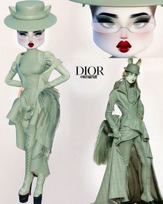 an advertisement for dior with two women in green dresses and hats, one wearing a cat - shaped hat