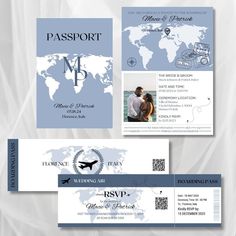 the passport and boarding cards are on display in front of a white background with blue accents