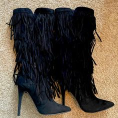 Brand New, Just Fab, Size 9, Black, Suede Pointy-Toed Tassel Boots. Never Worn Pointed Toe Party Boots With Fringe, Party Boots With Fringe And Pointed Toe, Chic Black Boots With Fringe, Black High Heel Heels With Tassels, Black Heels With Tassels, Black High Heels With Tassels, Tassel Boots, Just Fab Shoes, Shoes Brand