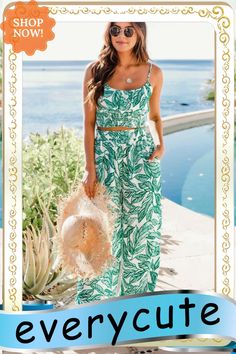 Leaves Print Cami Top Wide Leg Pants Set Leaves Print, Pant Sets, Cami Top, Leaf Prints, Cami Tops, Leg Pants, Wide Leg Pants, Pants Set, Wide Leg