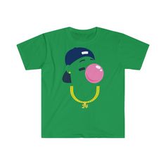 a green t - shirt with a pink bubble on it