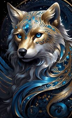 a painting of a wolf with blue eyes and gold feathers on it's head