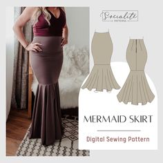 the mermaid skirt sewing pattern is available in sizes ranging from small to large, and has an asymmetrical silhouette