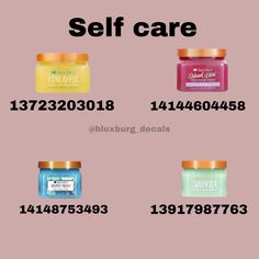 four different types of body butters with the words self care on them in black and white