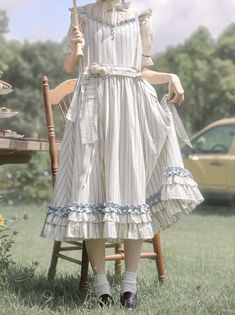 ❤sheer lace puff sleeve inner shirt + ruffled shoulder striped fairy dress + handmade corsage❤︎

Please allow 3 weeks for product delivery. Vertical Striped Dress, Gothic Skirts, Box Pleat Skirt, White Slip Dress, The Blue Sky, Kawaii Dress, Striped Sleeveless Dress, Blue Striped Dress, Frill Dress