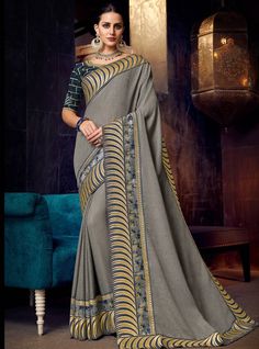 Gray Plain, Party Wear Sarees Online, Grey Saree, Purple Silk, Traditional Sarees