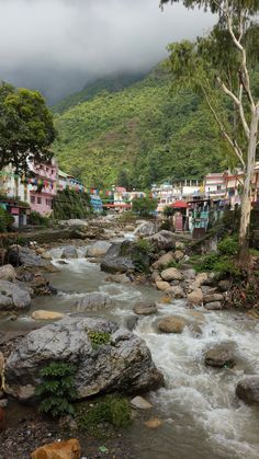 a river running through a lush green hillside