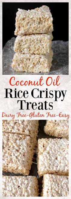 coconut oil rice crispy treats stacked on top of each other with text overlay