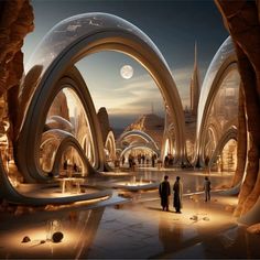 two people are standing in the middle of a futuristic city with huge arches and buildings