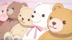 a group of teddy bears sitting next to each other in front of a pink wall