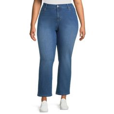 Going for a casual, laid-back look? You got it! The cotton-blend fabric in Just My Sizes 5-Pocket Jeans will move with you for all-day comfort, giving that perfect amount of stretch. The front scoop pockets will help keep your belongings close at hand, while the five-pocket design keeps your look classic. Pair these jeans with your favorite top and get ready for a fun night out. Available in an assortment of colors and washes. Size: 26W.  Color: Blue.  Gender: female.  Age Group: adult. Best Plus Size Jeans, Ripped Boyfriend Jeans, Just My Size, My Size, Plus Size Jeans, Slim Pants, Pocket Jeans, Wide Leg Denim, Blue Gender