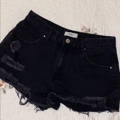 Super Cute Cheeky Black Ripped Shorts, Never Worn! Edgy Black Bottoms From Forever 21, Edgy High Waist Bottoms From Forever 21, Forever 21 Black Shorts For Night Out, Black Ripped Cotton Jean Shorts, Black Ripped Shorts, Forever 21 High Waist Black Shorts, Black High-waisted Shorts With Frayed Hem, High-waisted Distressed Washed Black Jean Shorts, Forever 21 Black Bottoms With Built-in Shorts