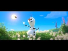 a cartoon snowman is standing in the grass with dandelions and bees flying around