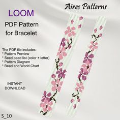 the cross stitch pattern for bracelets is shown in pink and purple flowers on white fabric