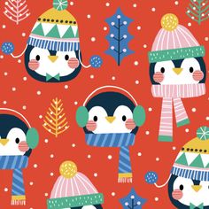 penguins wearing winter hats and scarves on a red background with snowflakes