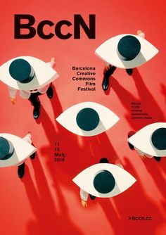 an advertisement for the barcelona creative film festival, featuring people in white hats and black eyeballs