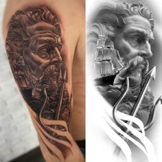 two different tattoos on the same person's arm, one with an image of a man