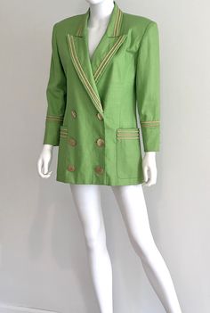 "Stunning high end vintage C1980s jacket or blazer by Lillie Rubin Exclusive in lime green, featuring gold braiding or trim, a pointed collar, 2 front pockets and oversized brass colored buttons.  Pure linen.  Fully lined.  Shoulder pads. Approximate Measurements:      Chest: 38\"; Waist: 34\"; Hips: 39 1/2\"      Labeled a size 4 C1980s designer beauty is in very good vintage condition, as shown." Lime Green Blazer, White Plains, Green Blazer, Womens Blazers, Pure Linen, Brass Color, Shoulder Pads, Lime Green, Blazer Jacket