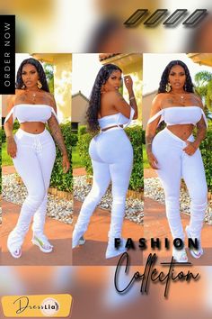 Sexy Strapless Crop Top and Long Stack Pants 2 Pieces Set White Stretch Two-piece Bottoms, Trendy Stretch Two-piece Bottoms Set, Trendy High Waist Two-piece Bottoms, Trendy Two-piece Set Bottoms For Night Out, Stack Pants, Strapless Crop Top, 1 Million, Hot Sale, Crop Top