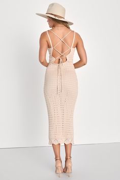 Stroll through the streets like you own them in the Lulus Ventura Vision Beige Crochet Lace-Up Midi Dress! Trendy loose crochet, atop a stretch-knit lining, shapes this sweet summer dress with a square neckline that's supported by slender straps that lace down the back and tie. The figure-hugging silhouette continues down to a scalloped midi hem. Pair with your favorite strappy heels for the perfect date night look! Fit: This garment fits true to size. Length: Mid-calf length. Size medium measur Chic Stretch Crochet Dress For Spring, Lace Crochet Dress For Day Out, Chic Summer Crochet Dress With Pointelle Knit, Chic Crochet Dress With Pointelle Knit For Summer, Crochet Lace Dress For Day Out, Summer Crochet Dress In Pointelle Knit, Summer Crochet Dress With Pointelle Knit, Summer Crochet Pointelle Knit Dress, Fitted Crochet Dress With Crochet Trim For Brunch