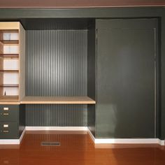 an empty room with some shelves and drawers