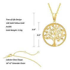 Great Design: Classic tree of life pendant necklace with minimalist design. It means beauty, health, good luck, and healing.Pendant Necklace: Whole of the necklace is made up of 14k solid yellow gold. Gold Weight: 2.52gLength: 16"+2" Extender and Tree of Life Pendant Size: Diameter 0.7". Elegant Yellow Gold Tree Of Life Necklace, Sterling Silver Yellow Gold Tree Of Life Necklace, Yellow Gold Sterling Silver Tree Of Life Necklace, Elegant Gold Necklace With Tree Of Life, Elegant Gold Tree Of Life Necklace, Gold Tree Of Life, Gold Tree, Yellow Gold Necklace, Tree Of Life Necklace