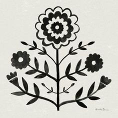 a black and white drawing of flowers with leaves