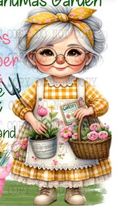 an old lady with glasses holding flowers and gardening utensils in front of her