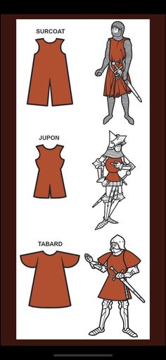 an image of different types of clothes for children to wear in the medieval era, including swords and armor