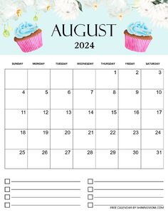 the august calendar with cupcakes and flowers on it, is shown in blue