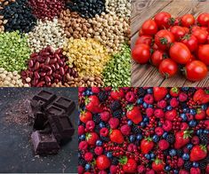 several different types of fruits and vegetables are shown in this collage, including strawberries, raspberries, almonds, chocolate