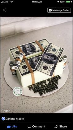 a cake made to look like money with the words happy birthday written on it