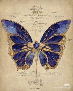 a blue butterfly with gold details on it's wings and back wing, sitting on top of a piece of paper