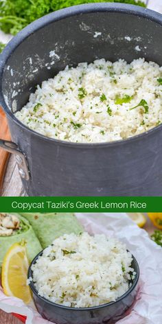 this is an image of rice in a pot with lemon and parsley on the side