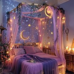 a purple bed with stars and moon decorations