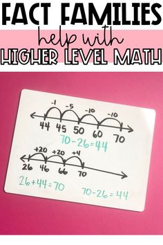 a white piece of paper with the words fact families help with higher level math on it