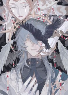 an anime character with white hair and black feathers