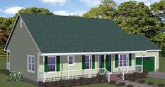 this is an artist's rendering of a small house with porches and green shutters