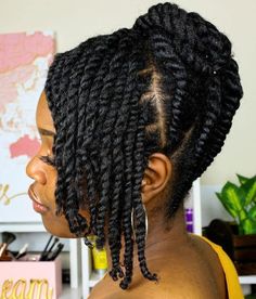 Upswept Updo with Twisted Layered Bangs. The shorter layered twists look great, it’s a perfect example of modern easy protective hairstyles. Super cute and you can... Emergency Hairstyles, Updo Cabello Natural, Hairstyle African, Mohawk Braids, Comb Twist, Children Hairstyles, Cornrow Designs, Thick Natural Hair, Flat Twist Hairstyles