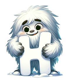 a cartoon character holding the letter h in front of it's face and smiling