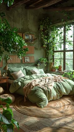 a bed with green sheets and pillows in a room filled with potted plants on the wall