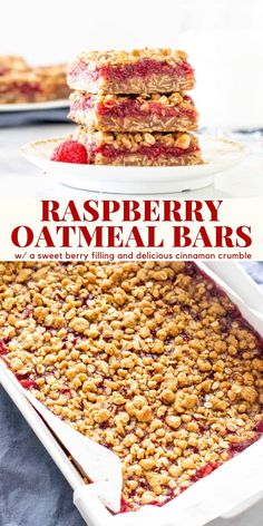 raspberry oatmeal bars stacked on top of each other