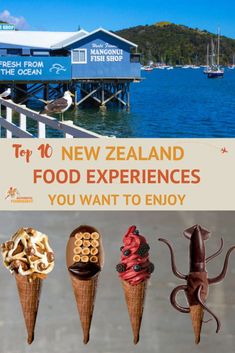 an advertisement for new zealand food experiences with three ice cream cones in the foreground