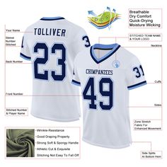 Order the jersey with special name & number you want from our shop, making a vibrant look on the field or daily life! Features: 1. Material: 100% Recycled Polyester-Body; 88% Nylon/12% Spandex-Neckline, Sides, Sleeves 2. Fit: Authentic jerseys have an athletic cut that fits snug in the chest and shoulders. 3. Stitched tackle twill name and numbers 4. Sublimated stripes on sleeves 5. Zone stretch fabric for enhanced movement; Tailored fit designed for movement 6. Moisture-wicking fabric has spongy handle, good draping property and elasticity as well as good dimensional stability and wrinkle-resistance 7. Breathable & Quick-Drying; Exquisite stitching not easy to fall off 8. No-tag neck label for clean comfort 9. Machine wash, Do Not Tumble Dry 10. Imported 11. Non-alcoholic Available For Wi Casual Blue Jersey For Football Season, Breathable Blue Jersey For Game Day, Blue Breathable Jersey For Game Day, Blue Crew Neck Jersey For Football Season, White Jersey With Name Print For Sports Season, White Jersey With Name Print, Varsity Jersey With Moisture-wicking Material, Blue Custom Print Team Jersey, Blue Sports Fan Jersey