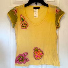 Beautiful Yellow Short Sleeve V-Neck Top Made For The Runway By Custo Barcelona This Is Truly Vintage, Purchased At A Sample Sale Circa 1999 There Is A Small Tear Along The Shoulder Seam Where The Fabric Changes To Lace. I Would Imagine It’s An Easy Fix For Any Sewer, Good Or Not The Best. This Size 1 Top Is A Beautiful Yellow With Flowers Embroidered And Detailed With Sequins For Maximum Wow Factor! This Is Another Truly Unique, One Of A Kind Piece Of Designer Art From The Days When We Thought The Internet Might End The World And Our Last Chance To Party Was New Years Eve 1999! I Will Be Putting More Of My Vintage Custo Pieces Soon.Going Through All My Old Clothes! There’s So Man Yellow Fitted Y2k Top, Fitted Yellow Y2k Tops, Flowers Embroidered, Sublimation Ideas, Custo Barcelona, Yellow Short, Designer Art, Y2k Clothes, Old Clothes