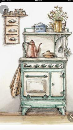 a drawing of an old fashioned stove with pots and pans on it's burners