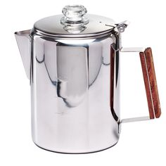 a stainless steel coffee pot with wooden handle