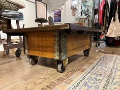 Reclaimed Industrial Wooden Coffee Table Cart // ONH Item 4449 Industrial Coffee Table With Wheels, Dark Industrial, Rustic Industrial Coffee Table, Cart Coffee Table, Wooden Trunks, Iron Coffee Table, Industrial Coffee Table, Wall Trim, Old New House